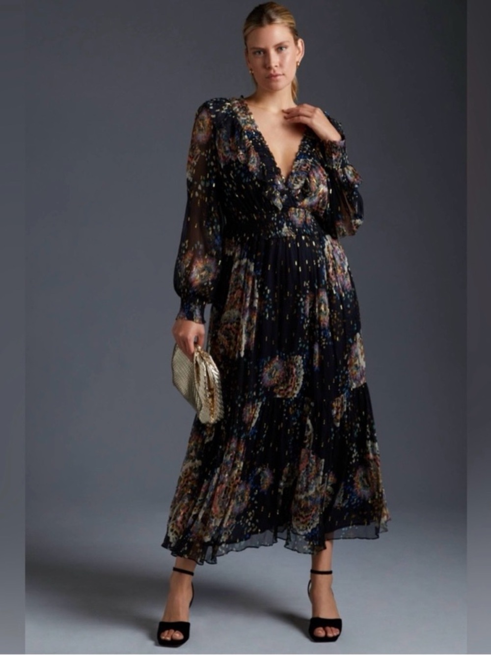 Anthropologie Blue Floral Ruffle Maxi Dress